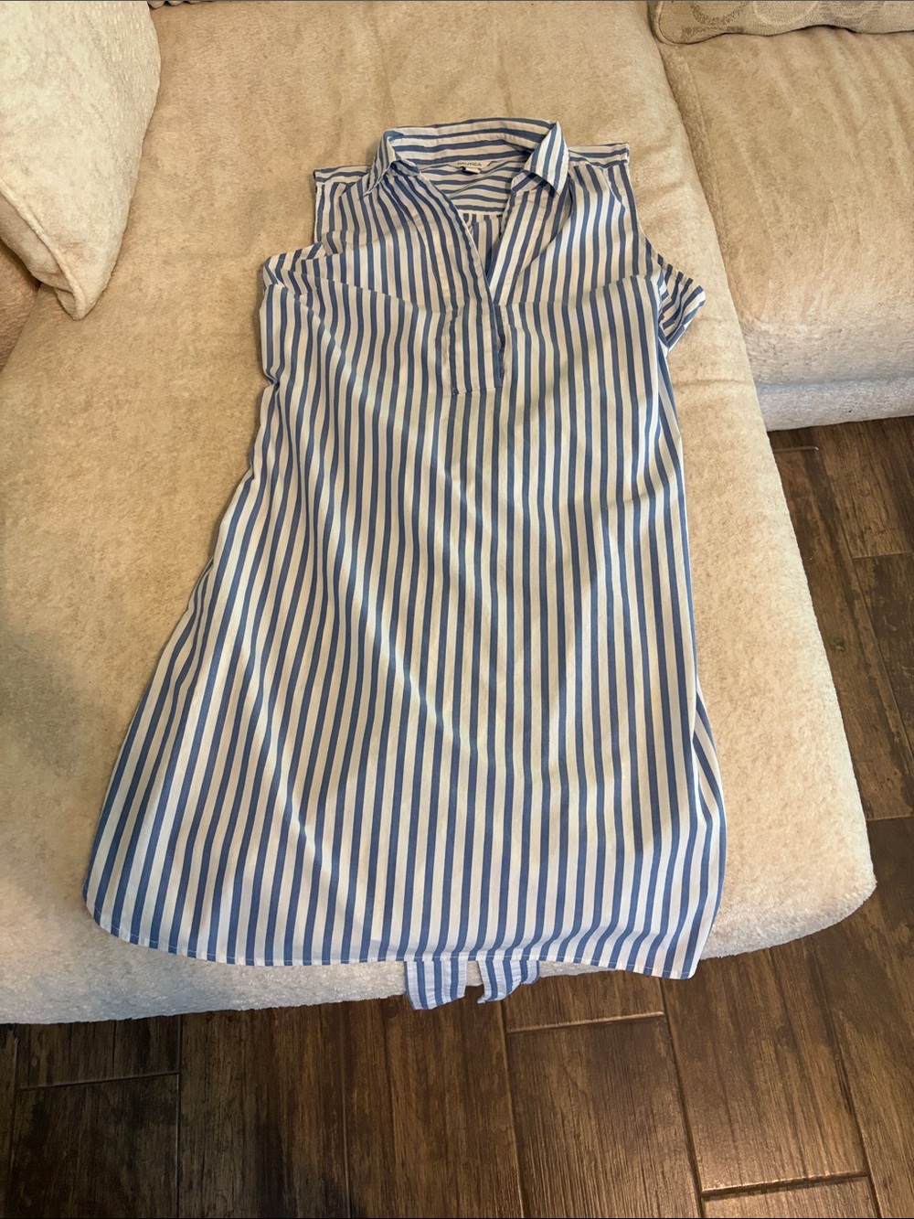Nautica Sleeveless Blue and White Striped Shirt Dress with belt.